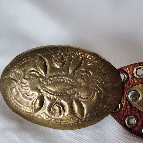 Vintage Handmade Leather Hip Belt Brass Buckle Rivet Festival Boho Gypsy Adjust - Picture 5 of 12